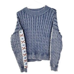 POL Women's Large Cable Knit Sweater Navy Blue Floral Arm Sleeve Design